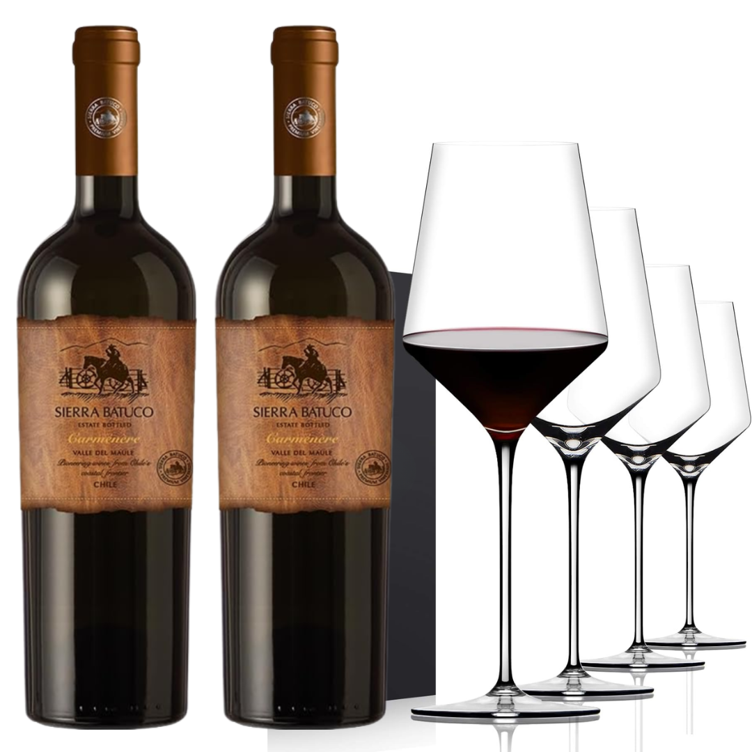Kit: Compre 2 Sierra Batuco Vinho Tinto Chileno Carmenere e Leve 4 Taças VELVET de Cristal Titanium