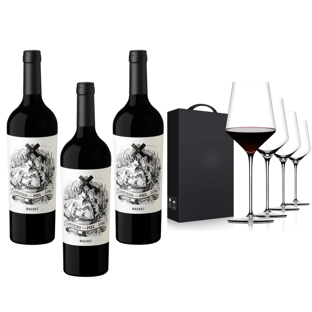 KIT 3 Cordero Con Piel de Lobo Malbec + Taças de Cristal Falerno