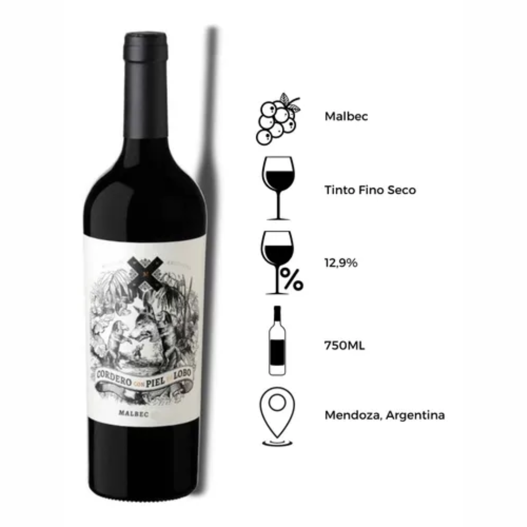 KIT 3 Cordero Con Piel de Lobo Malbec + Taças de Cristal Falerno
