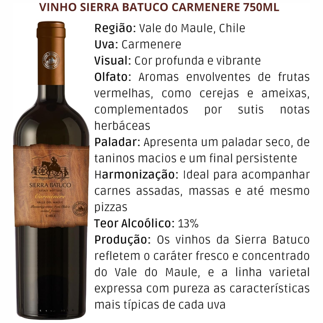 Kit: Compre 2 Sierra Batuco Vinho Tinto Chileno Carmenere e Leve 4 Taças VELVET de Cristal Titanium